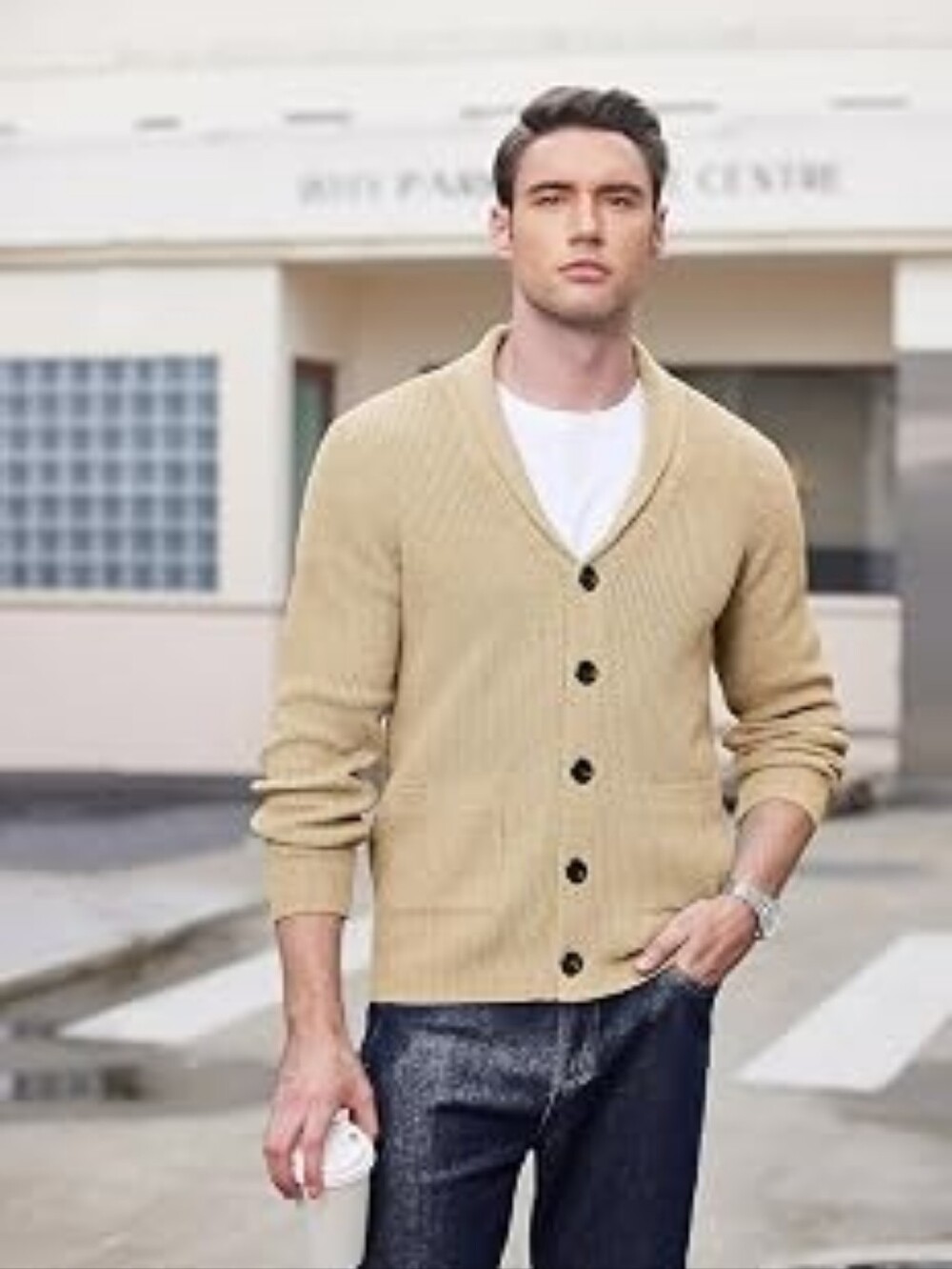 COOFANDY Men’s Shawl Collar Cardigan Sweater Khaki NWT